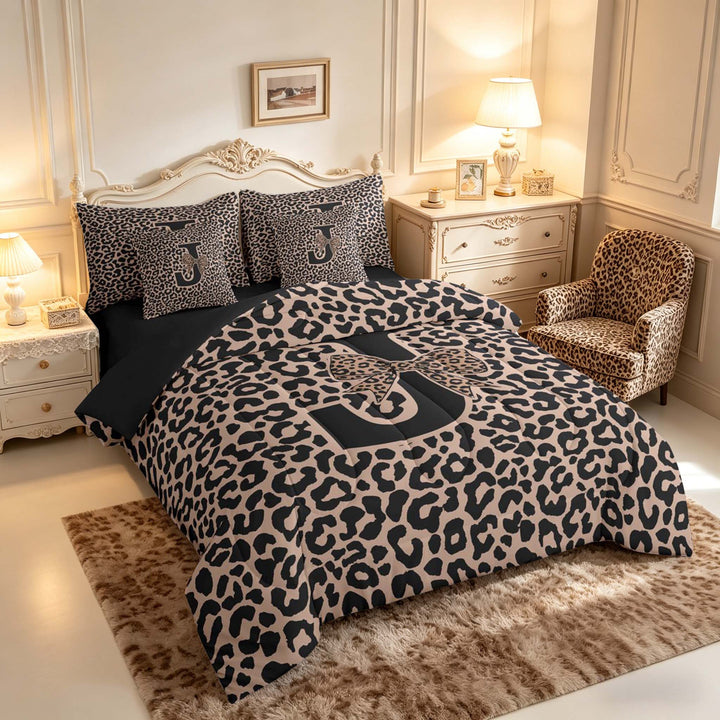 meiyoeat Leopard Print Bow Letter J Bedding Comforter Set, Women Teens, Brown Animal Print Full Bedding Set, Black Reversible 7pcs
