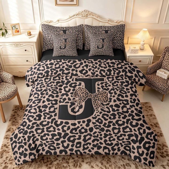 meiyoeat Leopard Print Bow Letter J Bedding Comforter Set, Women Teens, Brown Animal Print Full Bedding Set, Black Reversible 7pcs