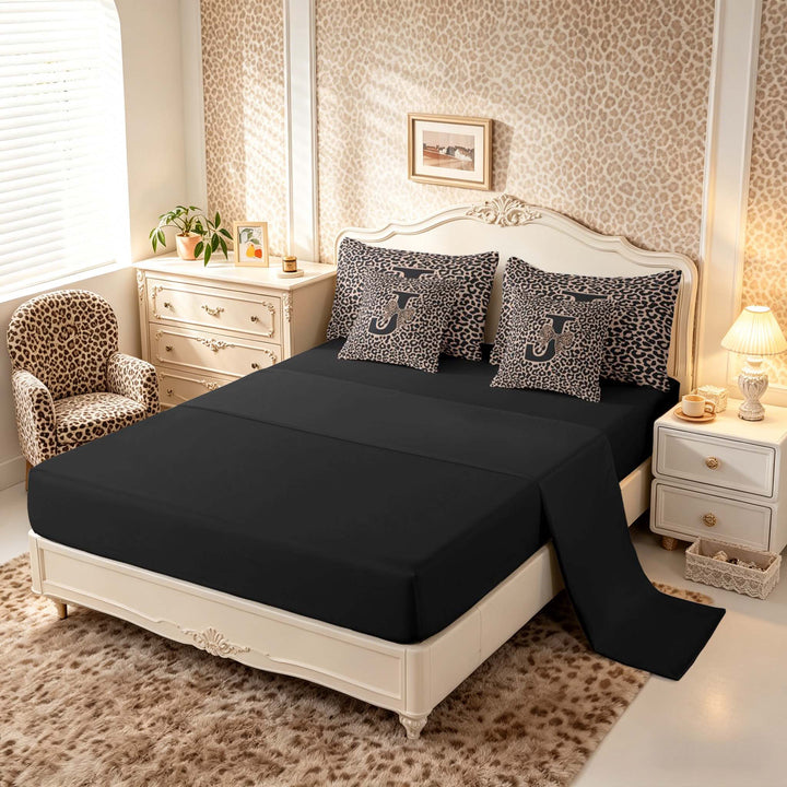 meiyoeat Leopard Print Bow Letter J Bedding Comforter Set, Women Teens, Brown Animal Print Full Bedding Set, Black Reversible 7pcs