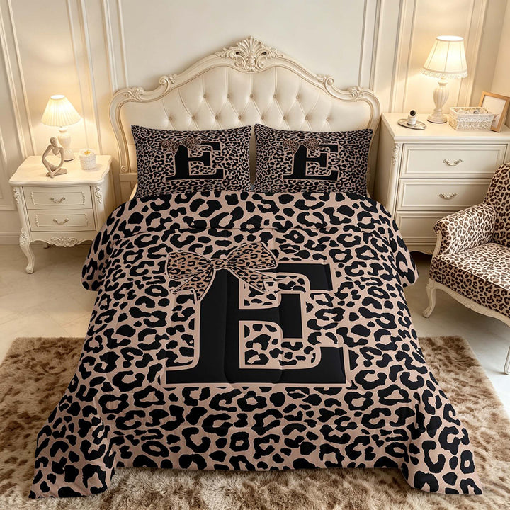 meiyoeat Leopard Print Bow Letter E Full Size Comforter Sets, Women Teens, Brown Animal Print Bedding Sets, Black Reversible 3-Piece, 1 Comforter and 2 Pillowcases