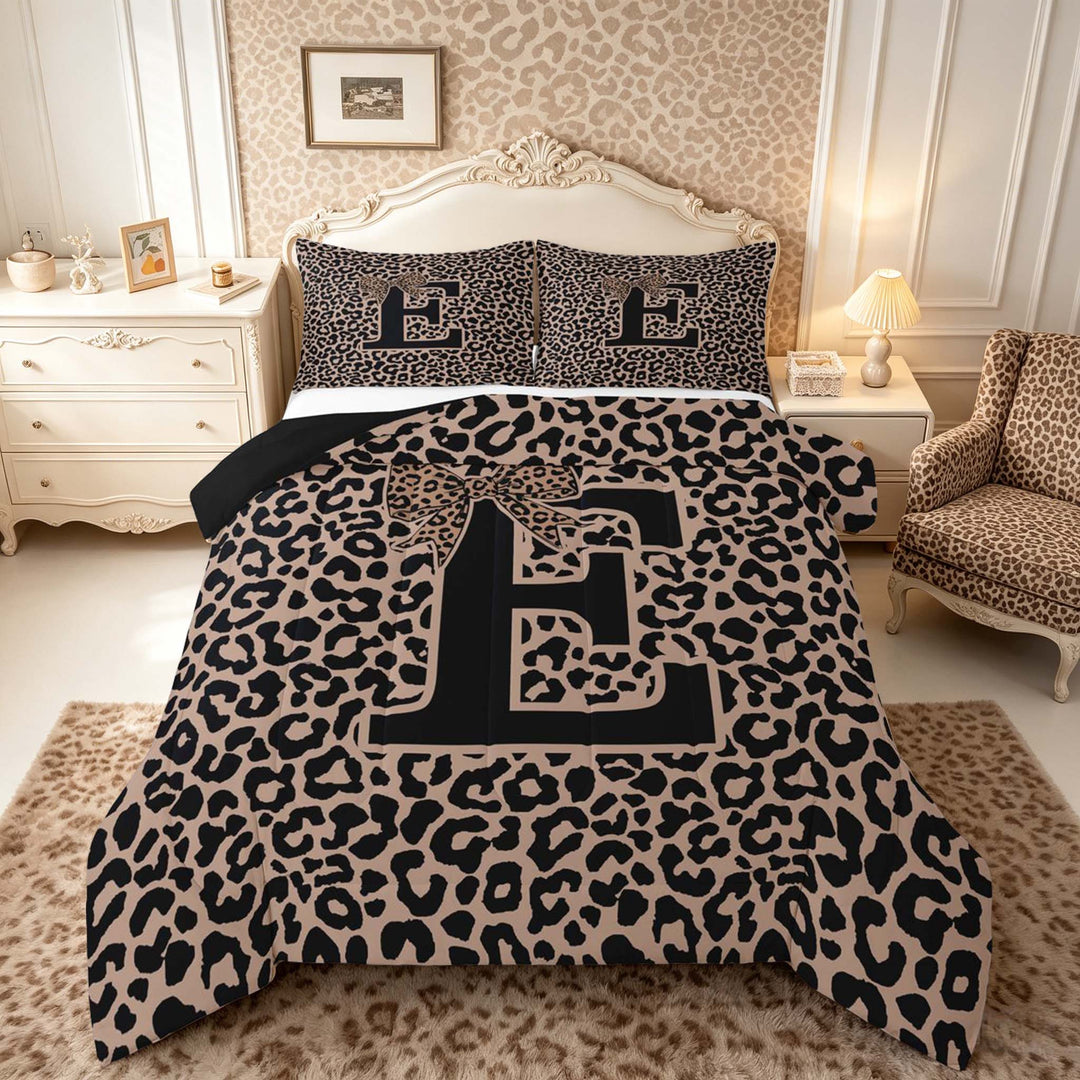 meiyoeat Leopard Print Bow Letter E Full Size Comforter Sets, Women Teens, Brown Animal Print Bedding Sets, Black Reversible 3-Piece, 1 Comforter and 2 Pillowcases