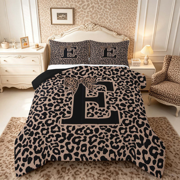 meiyoeat Leopard Print Bow Letter E Full Size Comforter Sets, Women Teens, Brown Animal Print Bedding Sets, Black Reversible 3-Piece, 1 Comforter and 2 Pillowcases