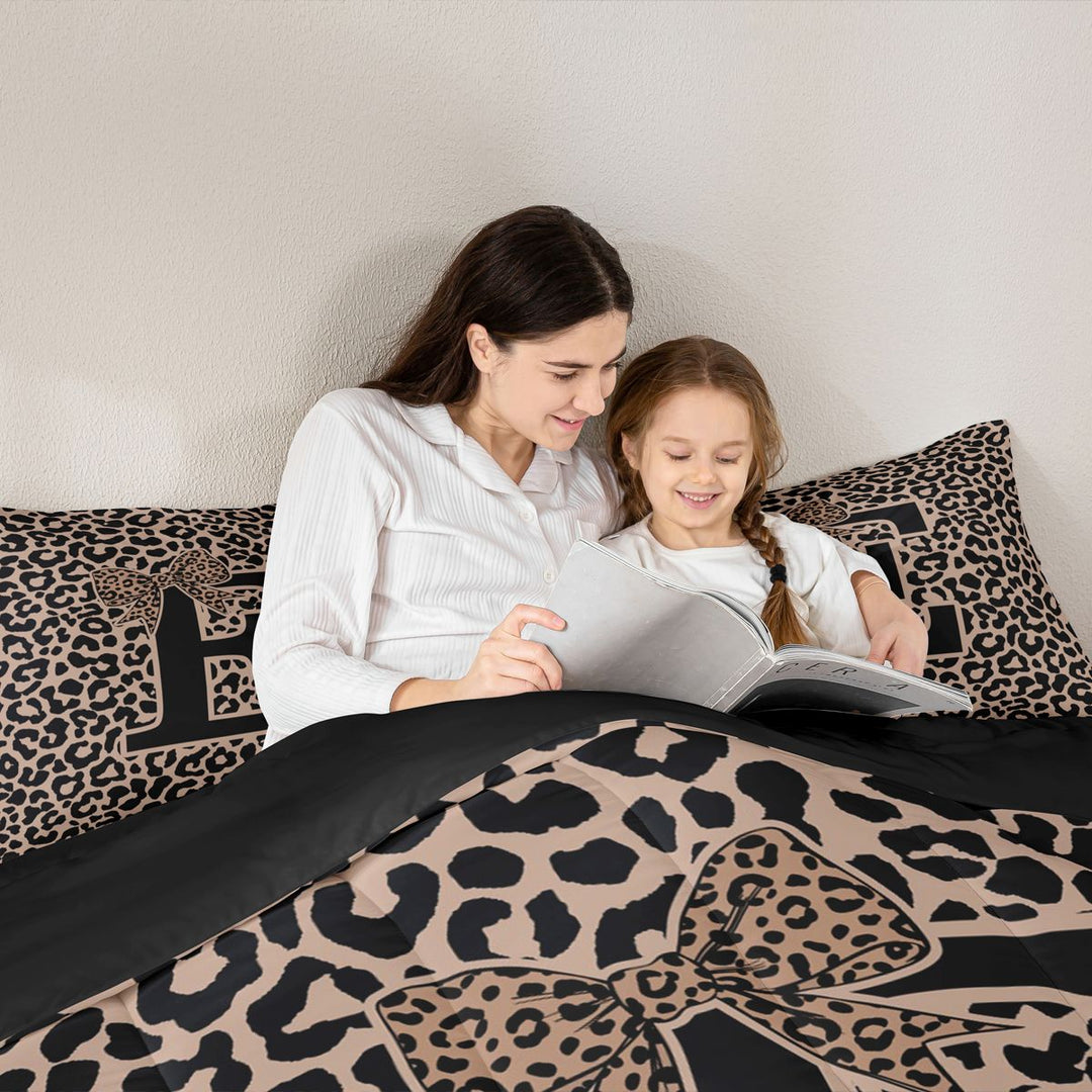 meiyoeat Leopard Print Bow Letter E Full Size Comforter Sets, Women Teens, Brown Animal Print Bedding Sets, Black Reversible 3-Piece, 1 Comforter and 2 Pillowcases