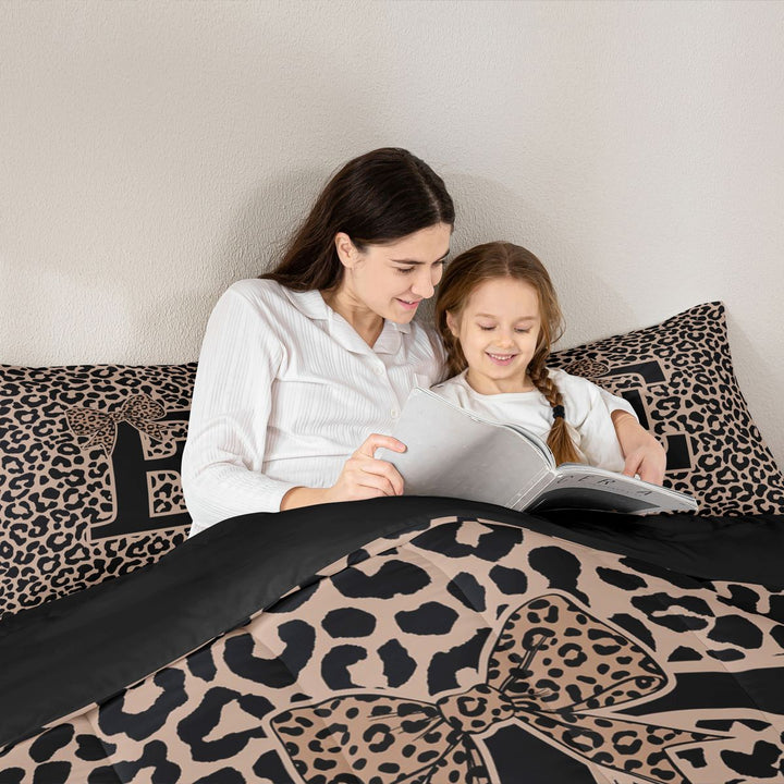 meiyoeat Leopard Print Bow Letter E Full Size Comforter Sets, Women Teens, Brown Animal Print Bedding Sets, Black Reversible 3-Piece, 1 Comforter and 2 Pillowcases