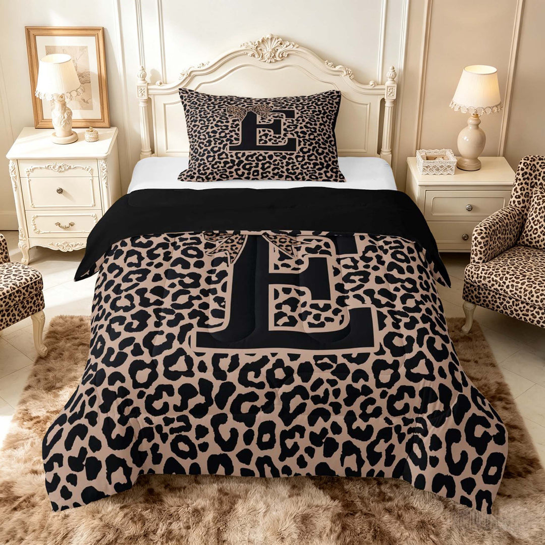 meiyoeat Leopard Print Bow Letter E Full Size Comforter Sets, Women Teens, Brown Animal Print Bedding Sets, Black Reversible 3-Piece, 1 Comforter and 2 Pillowcases