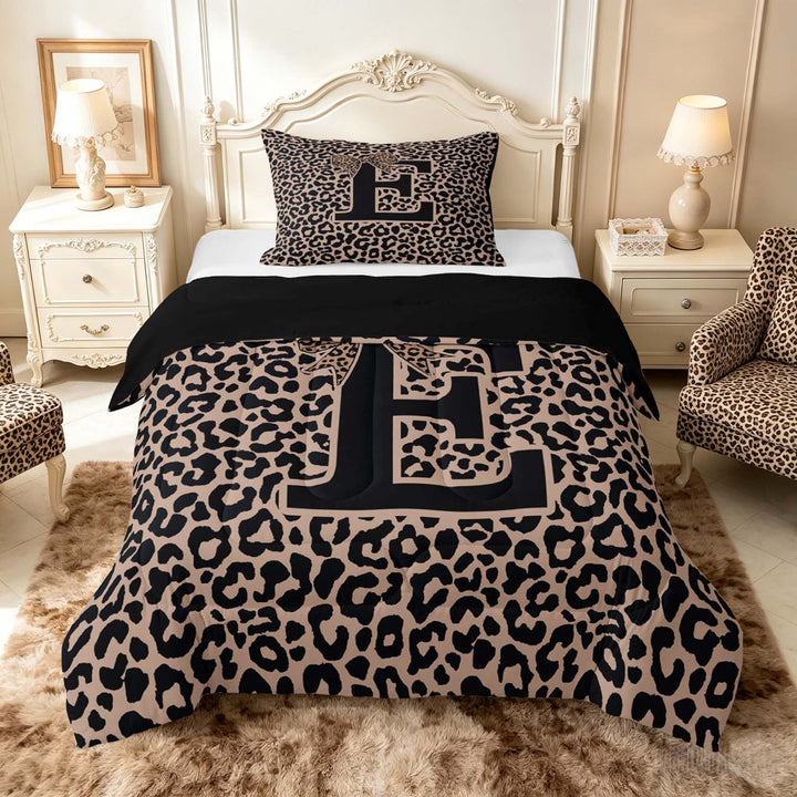 meiyoeat Leopard Print Bow Letter E Full Size Comforter Sets, Women Teens, Brown Animal Print Bedding Sets, Black Reversible 3-Piece, 1 Comforter and 2 Pillowcases