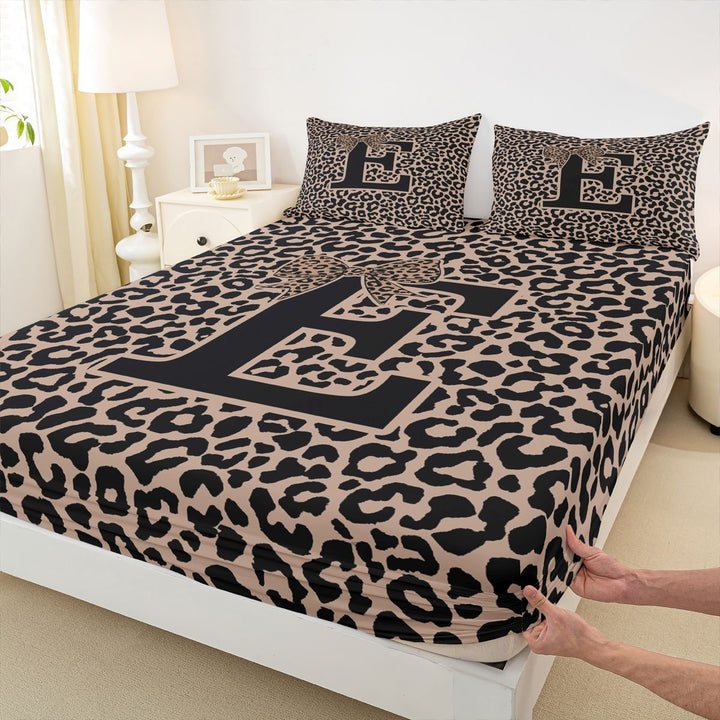 meiyoeat Leopard Print Bow Letter E Full Size Sheets, Women Teens, Brown Animal Print Bed Sheets, 4-Piece, 1 Flat Sheet, 1 Fitted Sheet and 2 Pillowcases