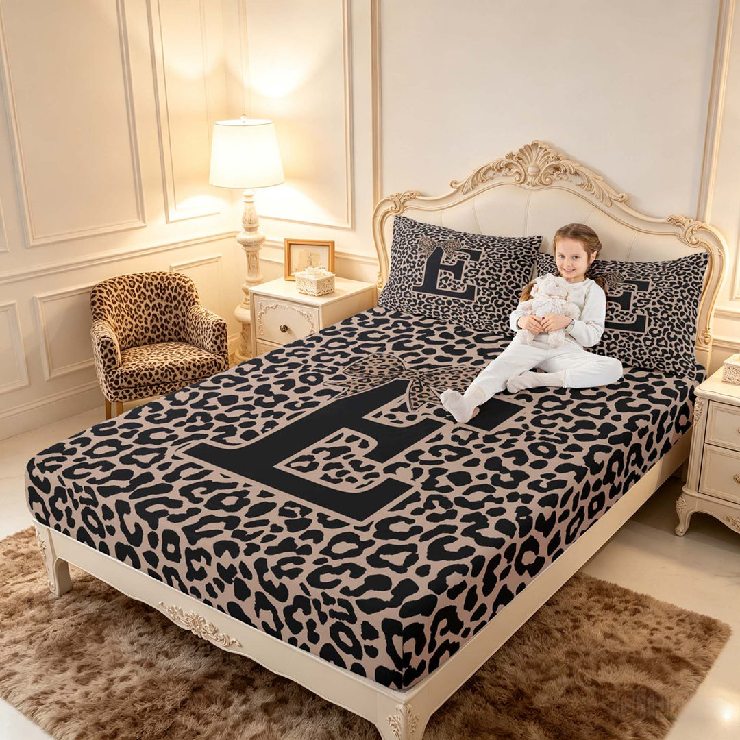 meiyoeat Leopard Print Bow Letter E Full Size Sheets, Women Teens, Brown Animal Print Bed Sheets, 4-Piece, 1 Flat Sheet, 1 Fitted Sheet and 2 Pillowcases