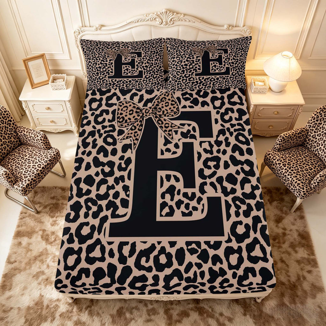 meiyoeat Leopard Print Bow Letter E Full Size Sheets, Women Teens, Brown Animal Print Bed Sheets, 4-Piece, 1 Flat Sheet, 1 Fitted Sheet and 2 Pillowcases