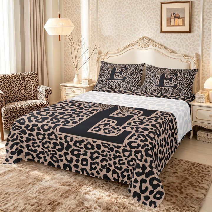 meiyoeat Leopard Print Bow Letter E Full Size Sheets, Women Teens, Brown Animal Print Bed Sheets, 4-Piece, 1 Flat Sheet, 1 Fitted Sheet and 2 Pillowcases