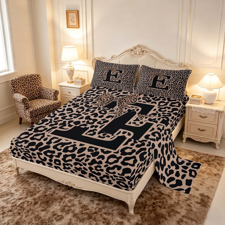 meiyoeat Leopard Print Bow Letter E Full Size Sheets, Women Teens, Brown Animal Print Bed Sheets, 4-Piece, 1 Flat Sheet, 1 Fitted Sheet and 2 Pillowcases