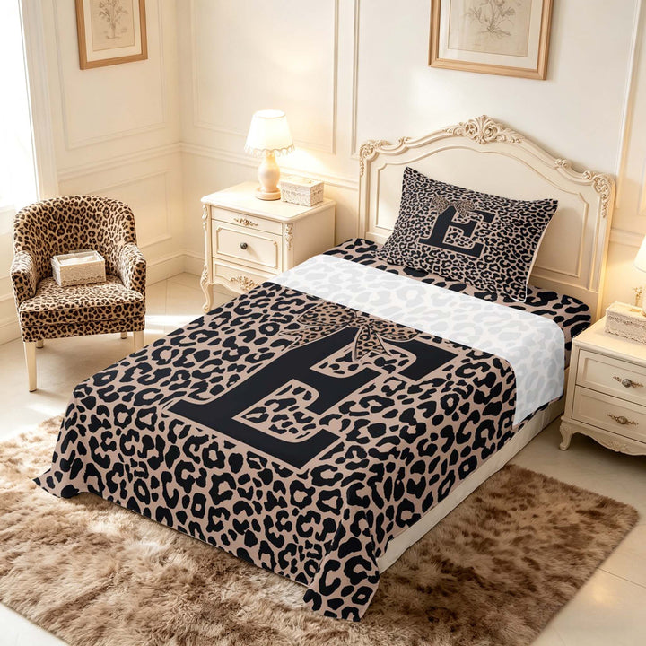 meiyoeat Leopard Print Bow Letter E Full Size Sheets, Women Teens, Brown Animal Print Bed Sheets, 4-Piece, 1 Flat Sheet, 1 Fitted Sheet and 2 Pillowcases