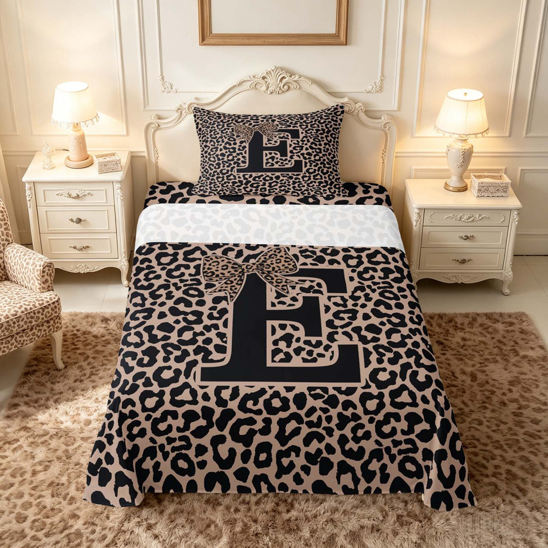 meiyoeat Leopard Print Bow Letter E Full Size Sheets, Women Teens, Brown Animal Print Bed Sheets, 4-Piece, 1 Flat Sheet, 1 Fitted Sheet and 2 Pillowcases