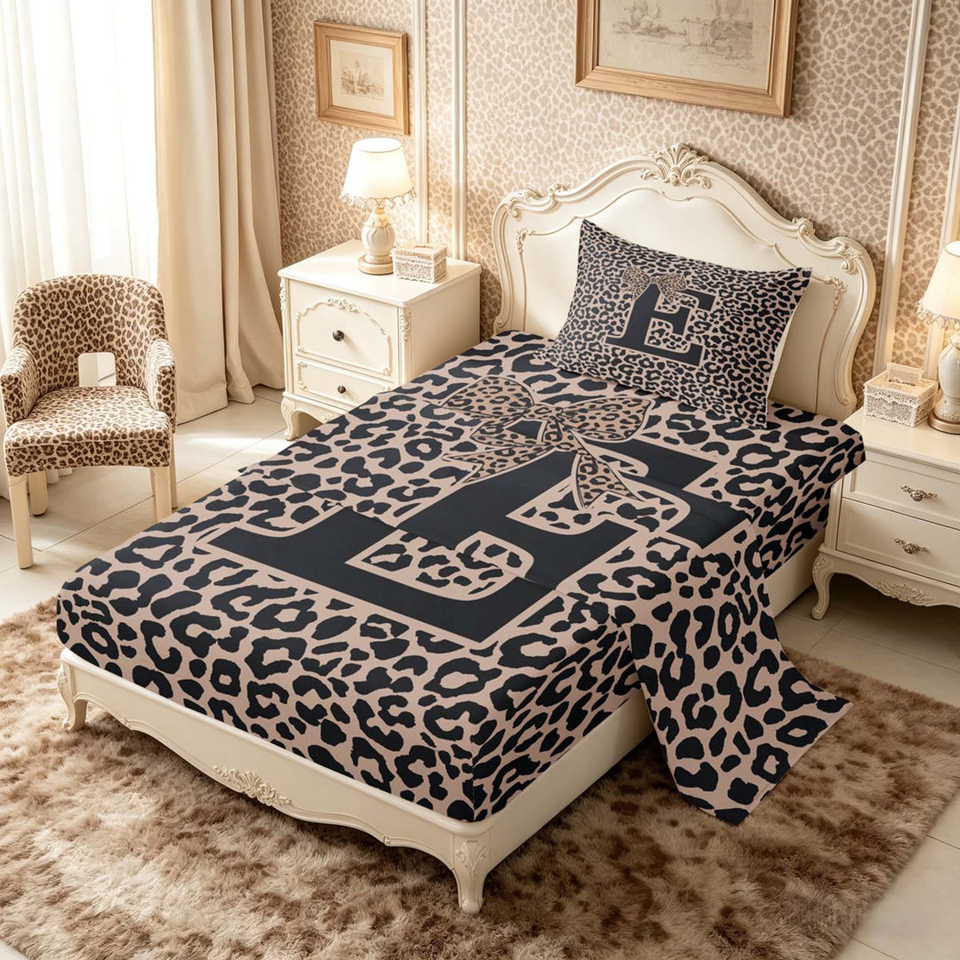meiyoeat Leopard Print Bow Letter E Full Size Sheets, Women Teens, Brown Animal Print Bed Sheets, 4-Piece, 1 Flat Sheet, 1 Fitted Sheet and 2 Pillowcases