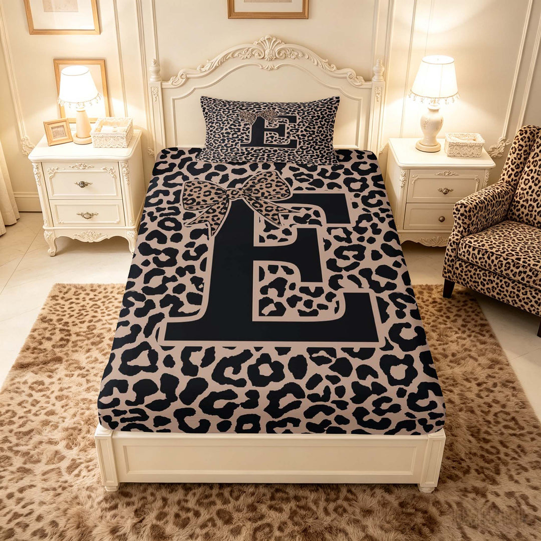 meiyoeat Leopard Print Bow Letter E Full Size Sheets, Women Teens, Brown Animal Print Bed Sheets, 4-Piece, 1 Flat Sheet, 1 Fitted Sheet and 2 Pillowcases
