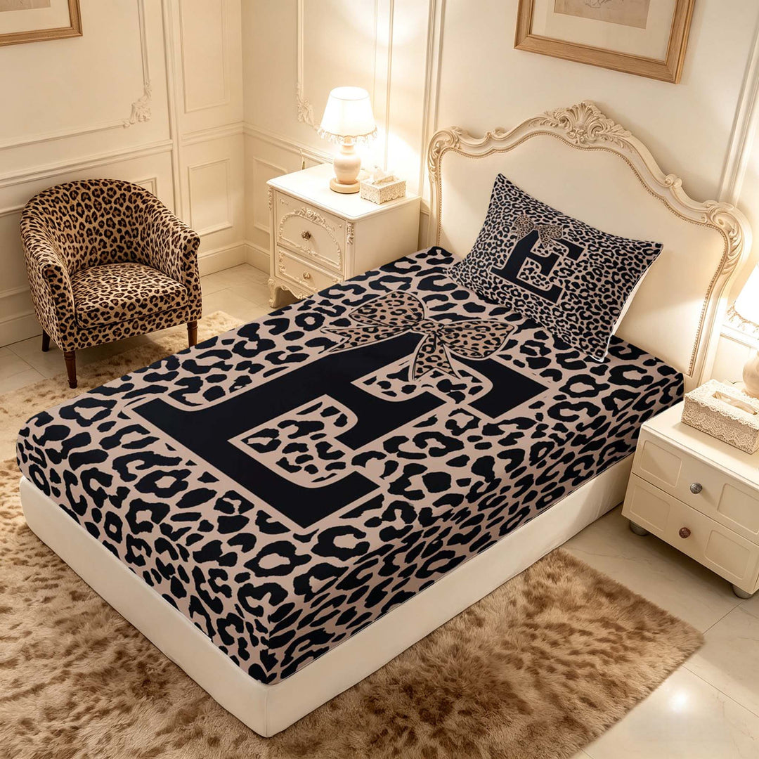 meiyoeat Leopard Print Bow Letter E Full Size Sheets, Women Teens, Brown Animal Print Bed Sheets, 4-Piece, 1 Flat Sheet, 1 Fitted Sheet and 2 Pillowcases