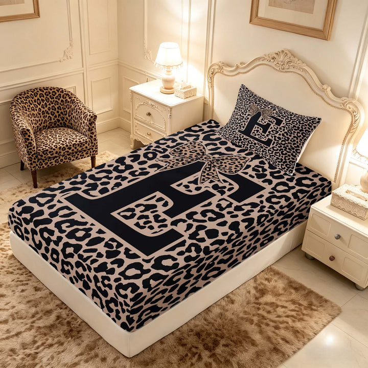 meiyoeat Leopard Print Bow Letter E Full Size Sheets, Women Teens, Brown Animal Print Bed Sheets, 4-Piece, 1 Flat Sheet, 1 Fitted Sheet and 2 Pillowcases