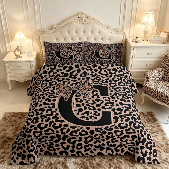 meiyoeat Leopard Print Bow Letter C Full Size Comforter Sets, Women Teens, Brown Animal Print Bedding Sets, Black Reversible 3 Pieces, 1 Comforter and 2 Pillowcases