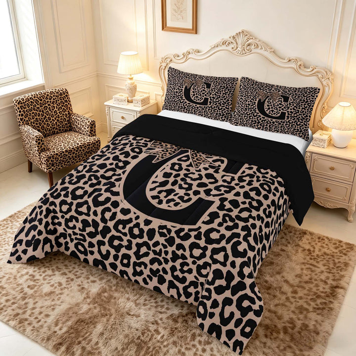 meiyoeat Leopard Print Bow Letter C Full Size Comforter Sets, Women Teens, Brown Animal Print Bedding Sets, Black Reversible 3 Pieces, 1 Comforter and 2 Pillowcases
