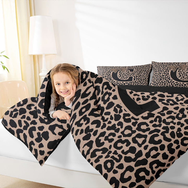meiyoeat Leopard Print Bow Letter C Full Size Comforter Sets, Women Teens, Brown Animal Print Bedding Sets, Black Reversible 3 Pieces, 1 Comforter and 2 Pillowcases