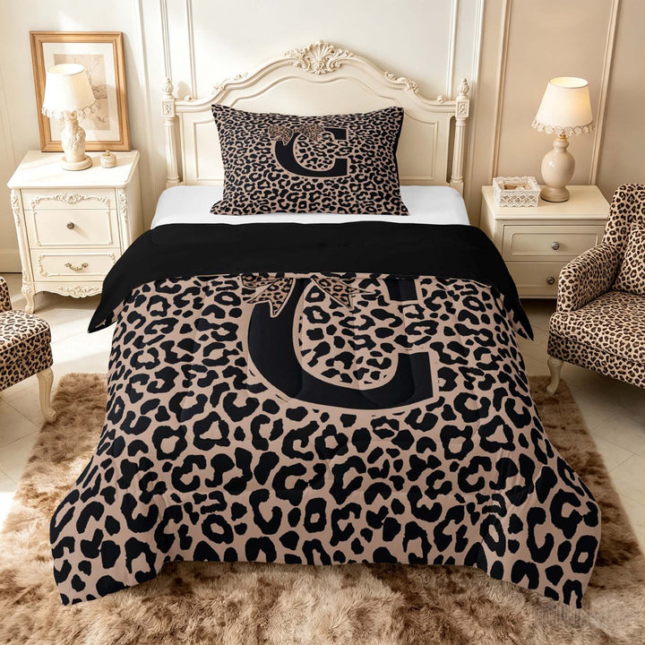 meiyoeat Leopard Print Bow Letter C Full Size Comforter Sets, Women Teens, Brown Animal Print Bedding Sets, Black Reversible 3 Pieces, 1 Comforter and 2 Pillowcases