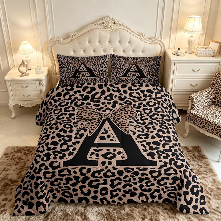 meiyoeat Leopard Print Bow Letter A Full Size Comforter Sets, Women Teens, Brown Animal Print Bedding Sets, Black Reversible 3pcs, 1 Comforter and 2 Pillowcases