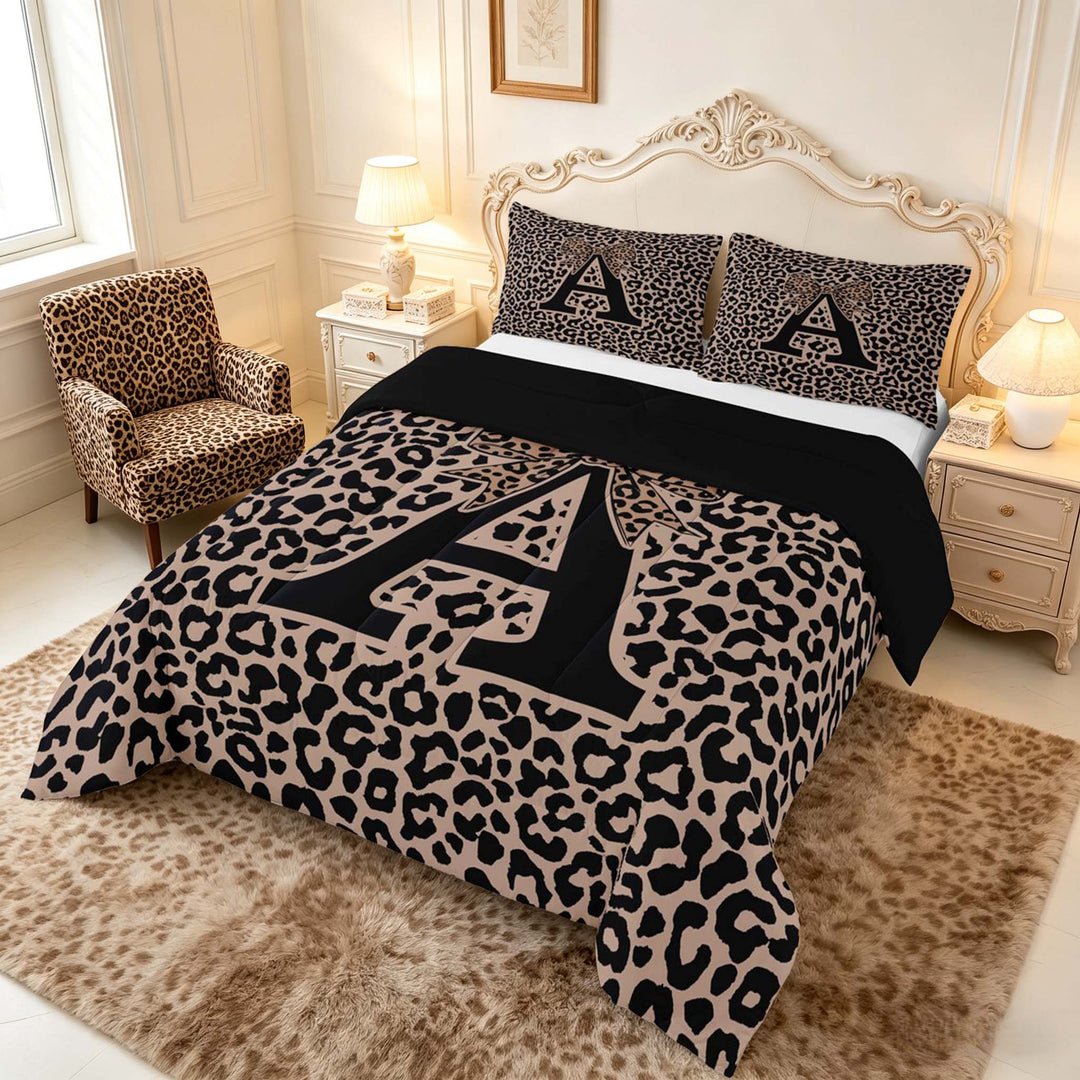 meiyoeat Leopard Print Bow Letter A Full Size Comforter Sets, Women Teens, Brown Animal Print Bedding Sets, Black Reversible 3pcs, 1 Comforter and 2 Pillowcases