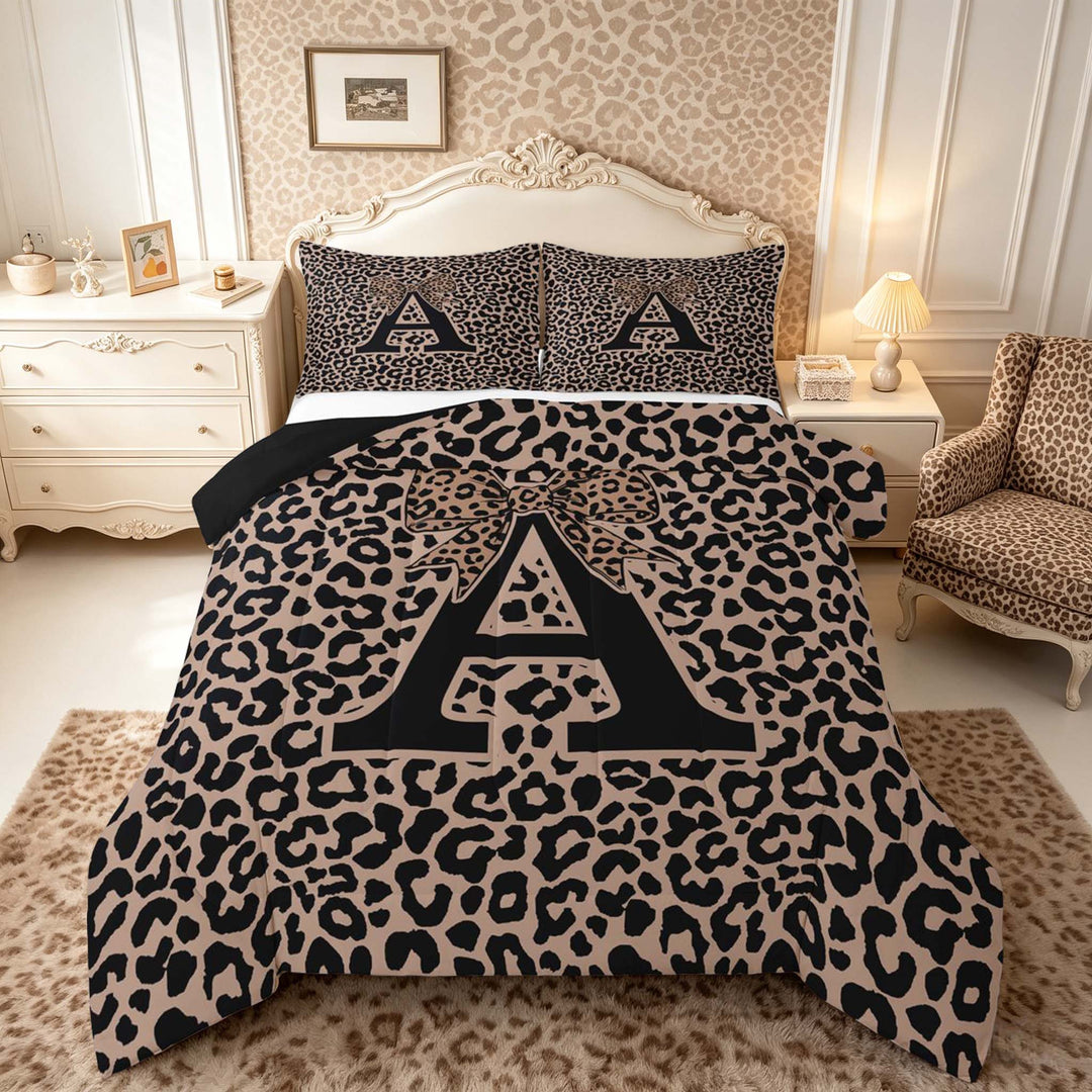 meiyoeat Leopard Print Bow Letter A Full Size Comforter Sets, Women Teens, Brown Animal Print Bedding Sets, Black Reversible 3pcs, 1 Comforter and 2 Pillowcases