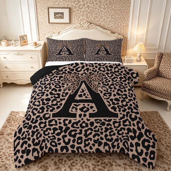 meiyoeat Leopard Print Bow Letter A Full Size Comforter Sets, Women Teens, Brown Animal Print Bedding Sets, Black Reversible 3pcs, 1 Comforter and 2 Pillowcases