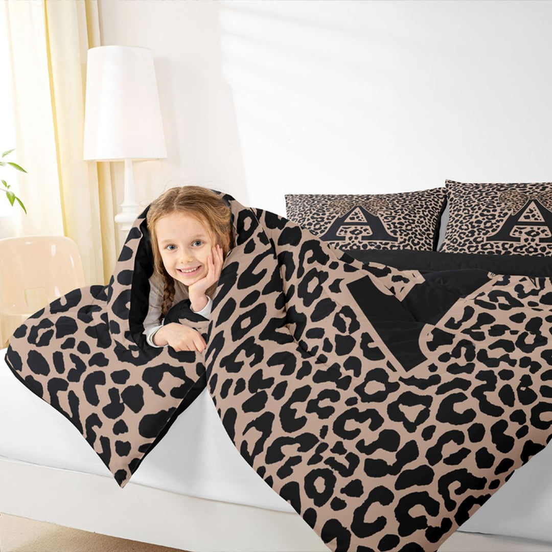 meiyoeat Leopard Print Bow Letter A Full Size Comforter Sets, Women Teens, Brown Animal Print Bedding Sets, Black Reversible 3pcs, 1 Comforter and 2 Pillowcases