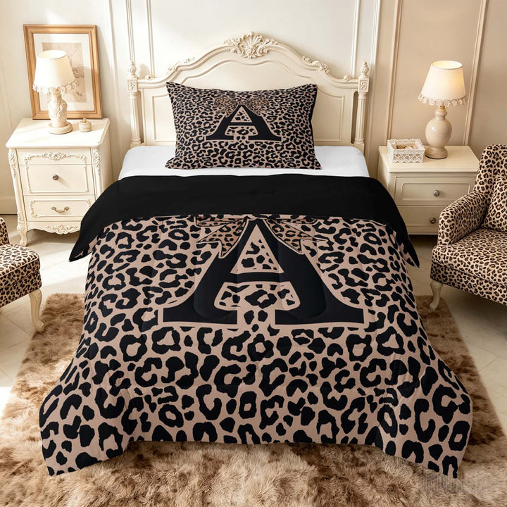 meiyoeat Leopard Print Bow Letter A Full Size Comforter Sets, Women Teens, Brown Animal Print Bedding Sets, Black Reversible 3pcs, 1 Comforter and 2 Pillowcases