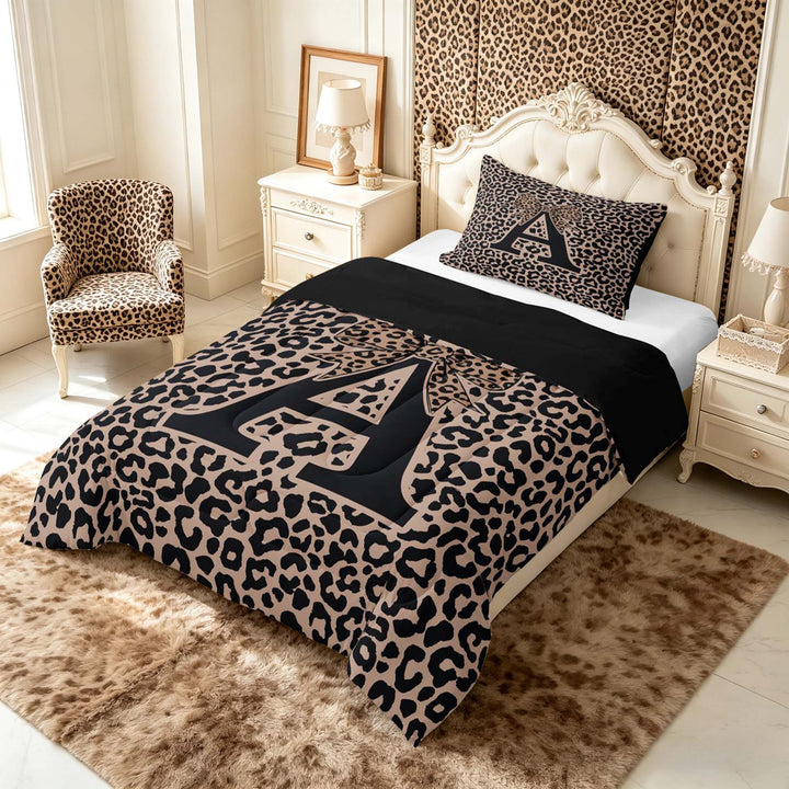 meiyoeat Leopard Print Bow Letter A Full Size Comforter Sets, Women Teens, Brown Animal Print Bedding Sets, Black Reversible 3pcs, 1 Comforter and 2 Pillowcases