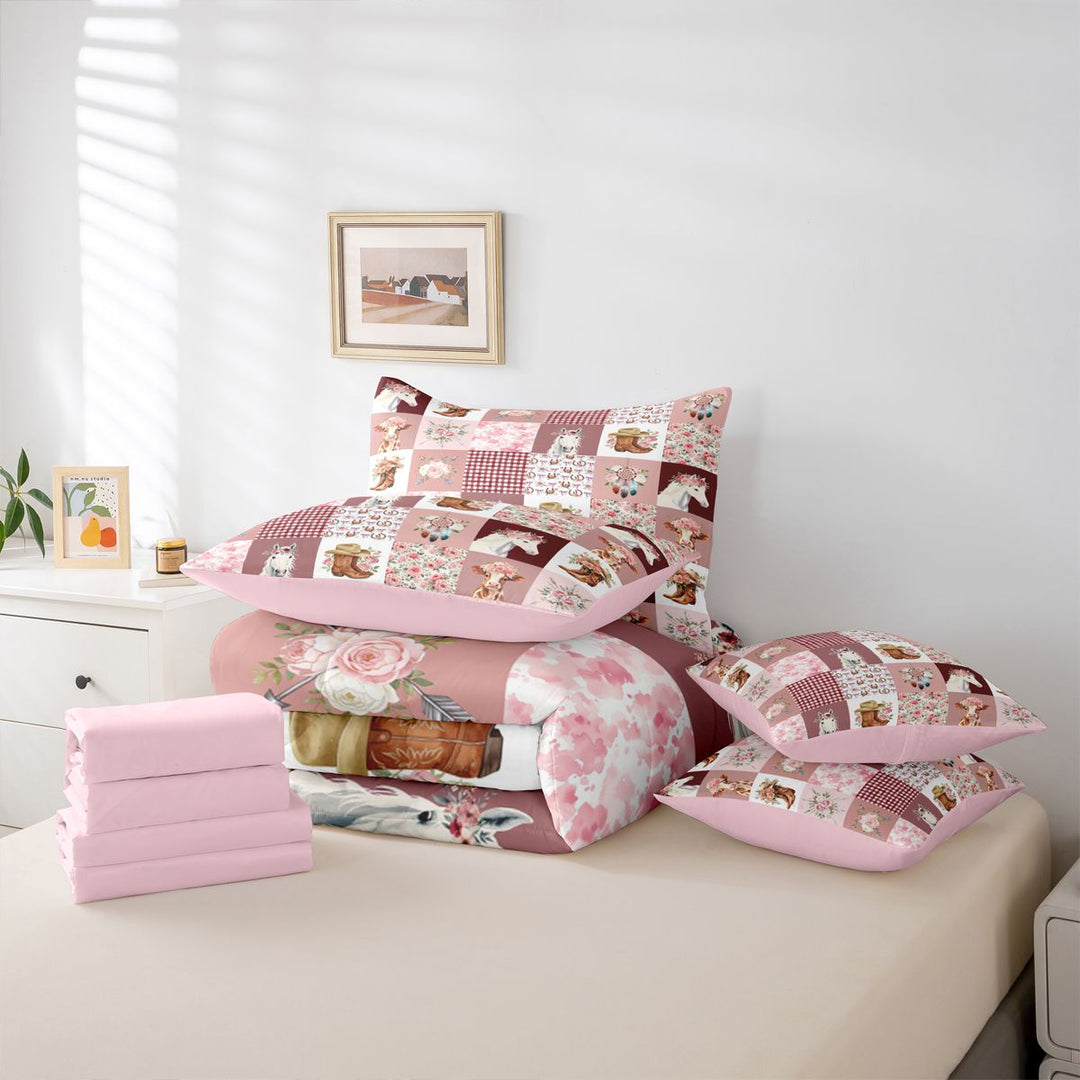 meiyoeat Farm Animal Horse Cow 7 Pieces Full Size Bedding Sets,Romantic Pink Flowers Full Size Bed in a Bag For Girl,Reversible