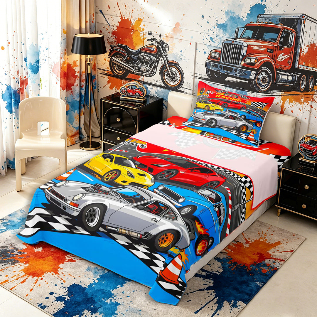 Meiyoeat Cartoon Racing Car Twin Sheets 3pcs for Boys,Race Track Art Bedding,Blue Red,1 Fitted Sheet,1 Flat Sheet and 1 Pillowcase