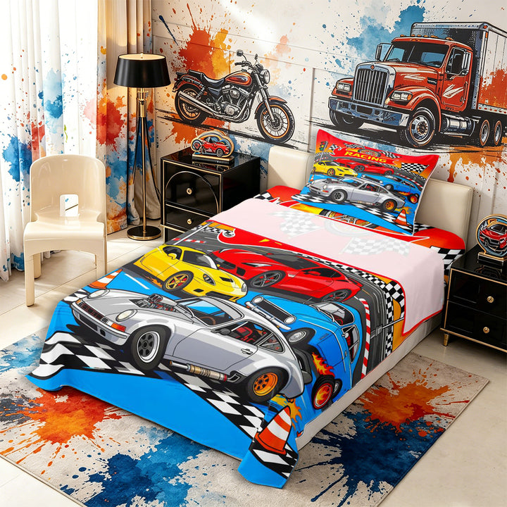 Meiyoeat Cartoon Racing Car Twin Sheets 3pcs for Boys,Race Track Art Bedding,Blue Red,1 Fitted Sheet,1 Flat Sheet and 1 Pillowcase