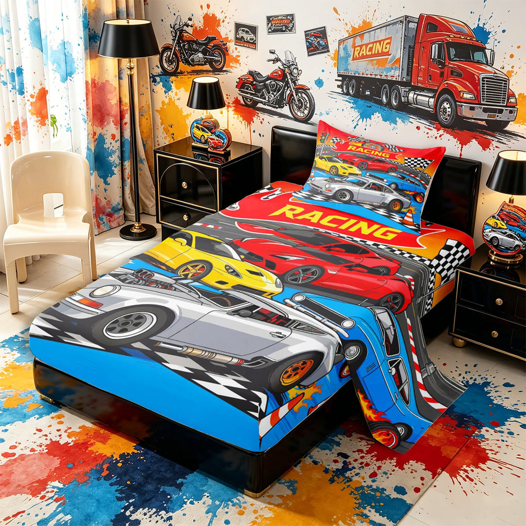 Meiyoeat Cartoon Racing Car Twin Sheets 3pcs for Boys,Race Track Art Bedding,Blue Red,1 Fitted Sheet,1 Flat Sheet and 1 Pillowcase