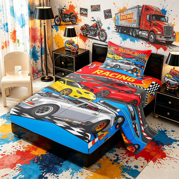 Meiyoeat Cartoon Racing Car Twin Sheets 3pcs for Boys,Race Track Art Bedding,Blue Red,1 Fitted Sheet,1 Flat Sheet and 1 Pillowcase