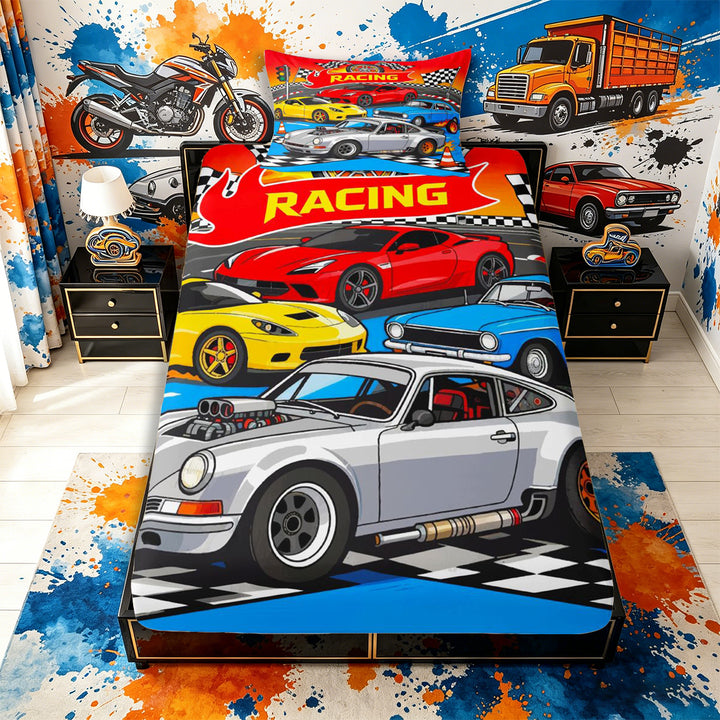 Meiyoeat Cartoon Racing Car Twin Sheets 3pcs for Boys,Race Track Art Bedding,Blue Red,1 Fitted Sheet,1 Flat Sheet and 1 Pillowcase