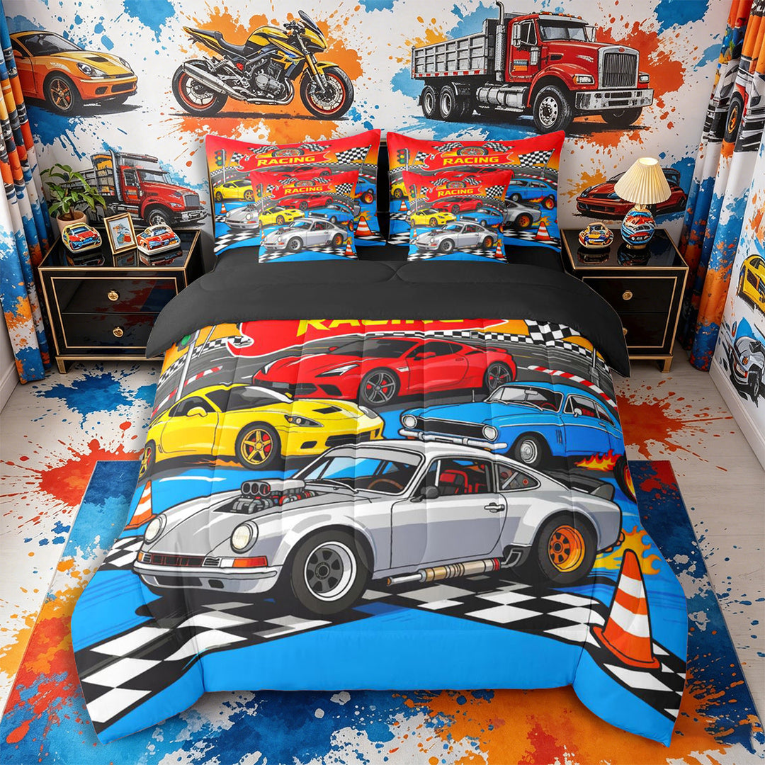Meiyoeat Cartoon Racing Car 7-Piece Twin Bedding for Boys,Race Track Art Bedding Comforter Set,Blue Red,Black Reversible