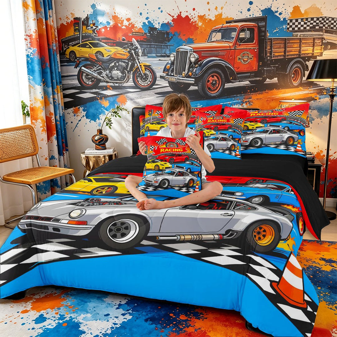 Meiyoeat Cartoon Racing Car 7-Piece Twin Bedding for Boys,Race Track Art Bedding Comforter Set,Blue Red,Black Reversible