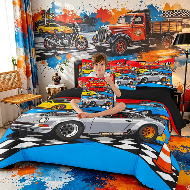 Meiyoeat Cartoon Racing Car 7-Piece Twin Bedding for Boys,Race Track Art Bedding Comforter Set,Blue Red,Black Reversible