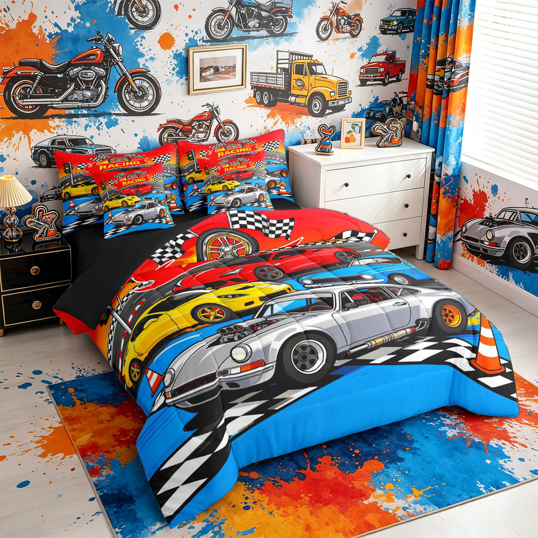 Meiyoeat Cartoon Racing Car 7-Piece Twin Bedding for Boys,Race Track Art Bedding Comforter Set,Blue Red,Black Reversible