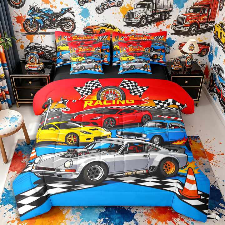 Meiyoeat Cartoon Racing Car 7-Piece Twin Bedding for Boys,Race Track Art Bedding Comforter Set,Blue Red,Black Reversible