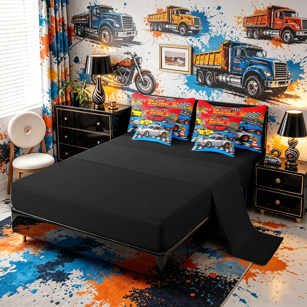 Meiyoeat Cartoon Racing Car 7-Piece Twin Bedding for Boys,Race Track Art Bedding Comforter Set,Blue Red,Black Reversible