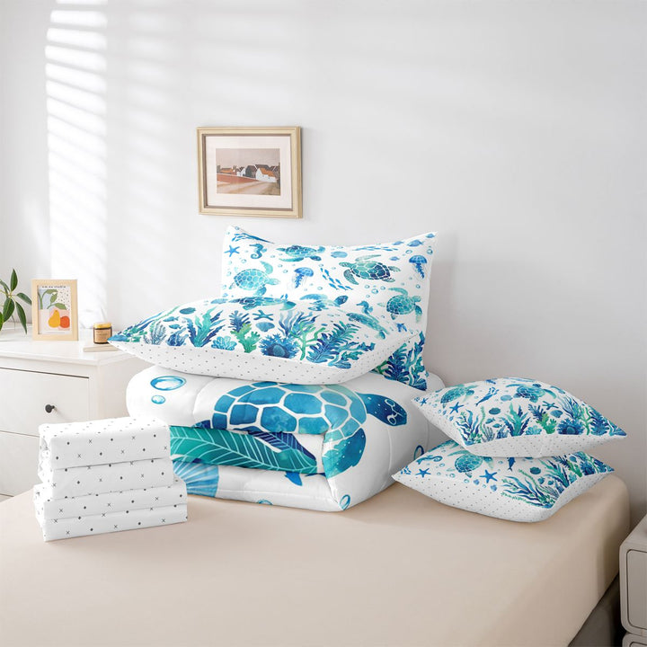 meiyoeat Watercolor Sea Turtle 7 Pieces Full Size Bedding Sets For Boys,Ocean Animal Starfish Full Size Bed in a Bag,Reversible
