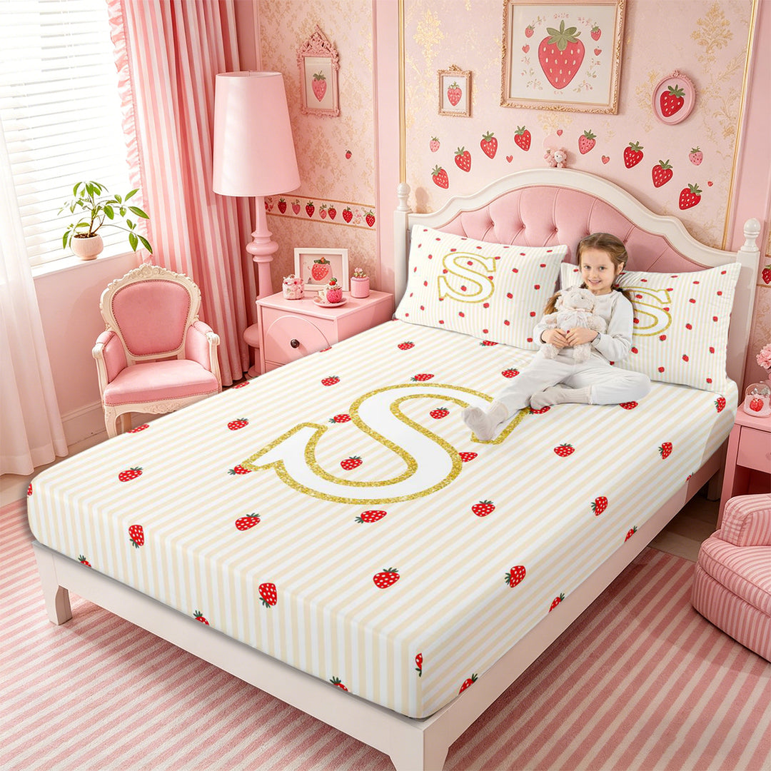 Meiyoeat Cute Gold Letter S Bed Sheets 4-Piece, Strawberry Stripe Print Full Size Sheets, Beige Red