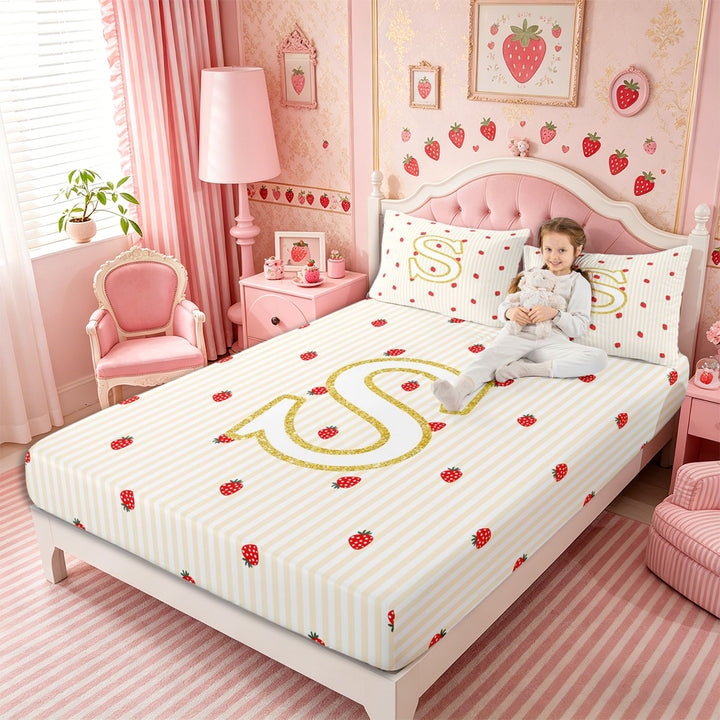 Meiyoeat Cute Gold Letter S Bed Sheets 4-Piece, Strawberry Stripe Print Full Size Sheets, Beige Red