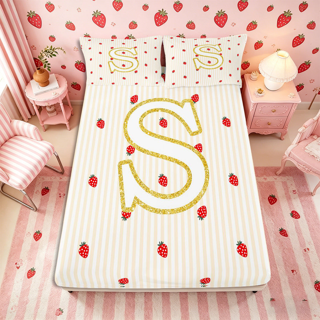 Meiyoeat Cute Gold Letter S Bed Sheets 4-Piece, Strawberry Stripe Print Full Size Sheets, Beige Red