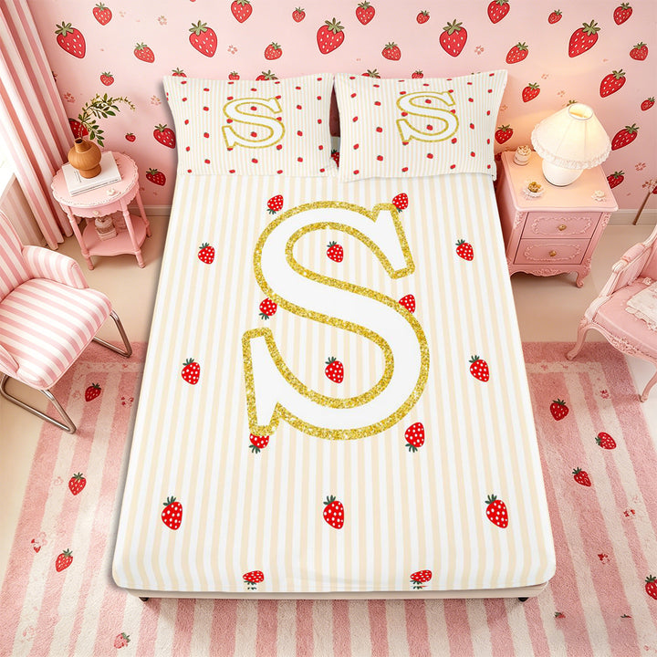 Meiyoeat Cute Gold Letter S Bed Sheets 4-Piece, Strawberry Stripe Print Full Size Sheets, Beige Red