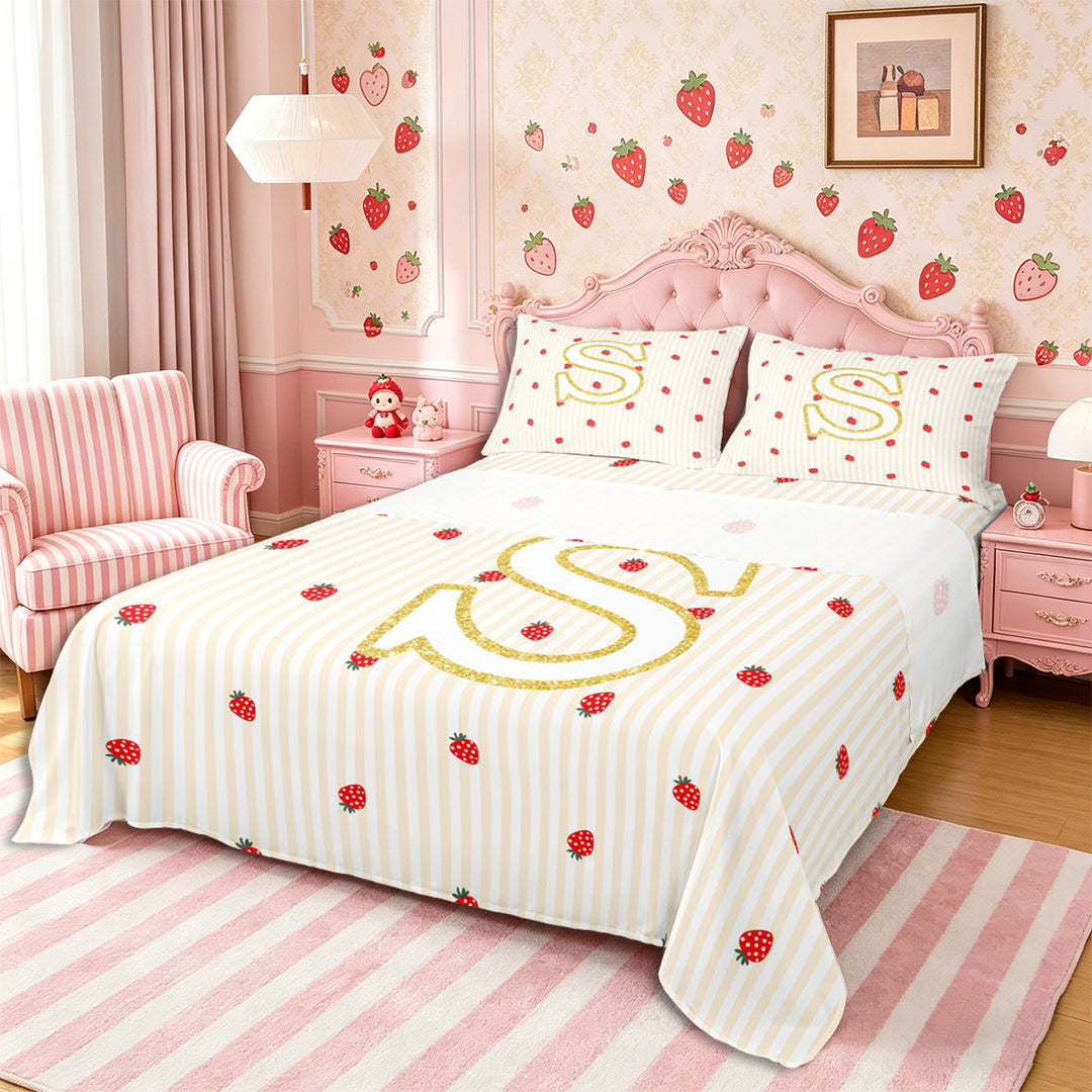 Meiyoeat Cute Gold Letter S Bed Sheets 4-Piece, Strawberry Stripe Print Full Size Sheets, Beige Red